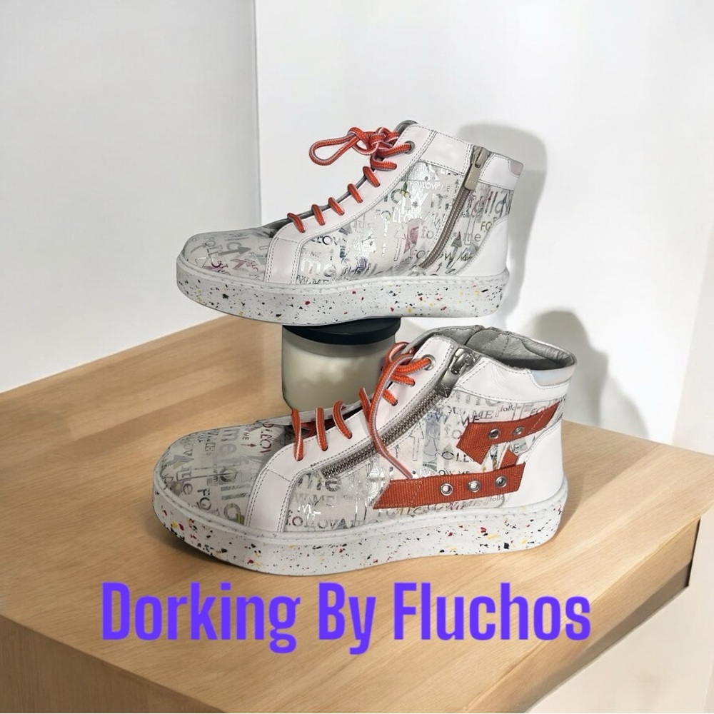 Dorking by Fluchos White and Orange High-Top Sneakers sz 39/8.5 us NWOT